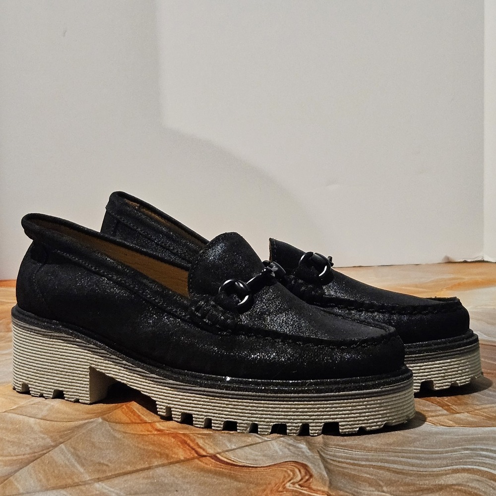 Johnston & Murphy Womens 7B Black Leather Horsebit Loafers Chunky Lug Heel